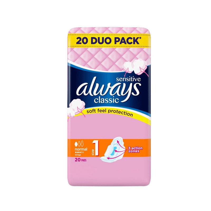 Always Classic Sensitive Normal Sanitary Pads With Wings Size 1 - 20 Pads (Duo Pack)