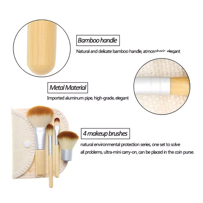 Bamboo Handle Makeup Brush Set With Mini Bag - 4pcs