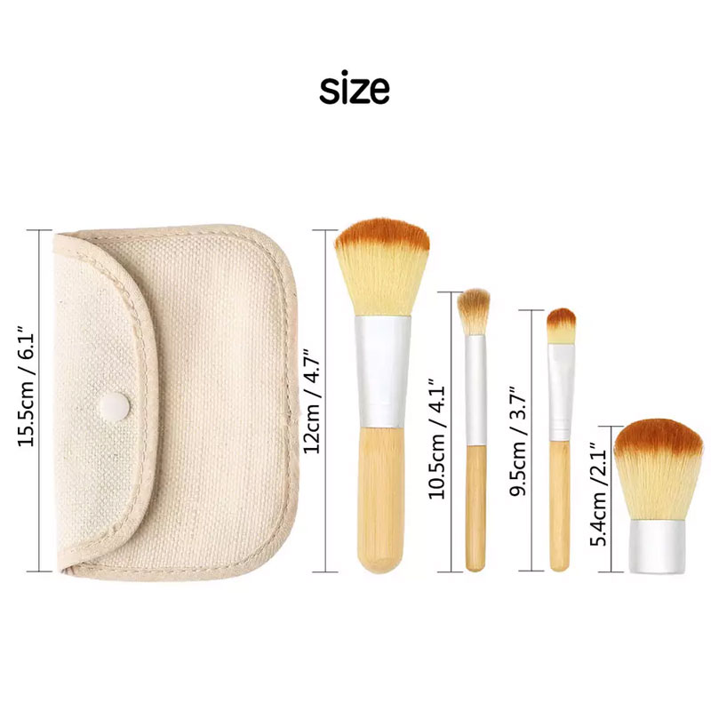 Bamboo Handle Makeup Brush Set With Mini Bag - 4pcs