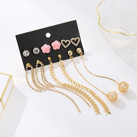 Beautiful Long Chain Tassel Pearl Stud Earrings Set - 6 Pairs (61)