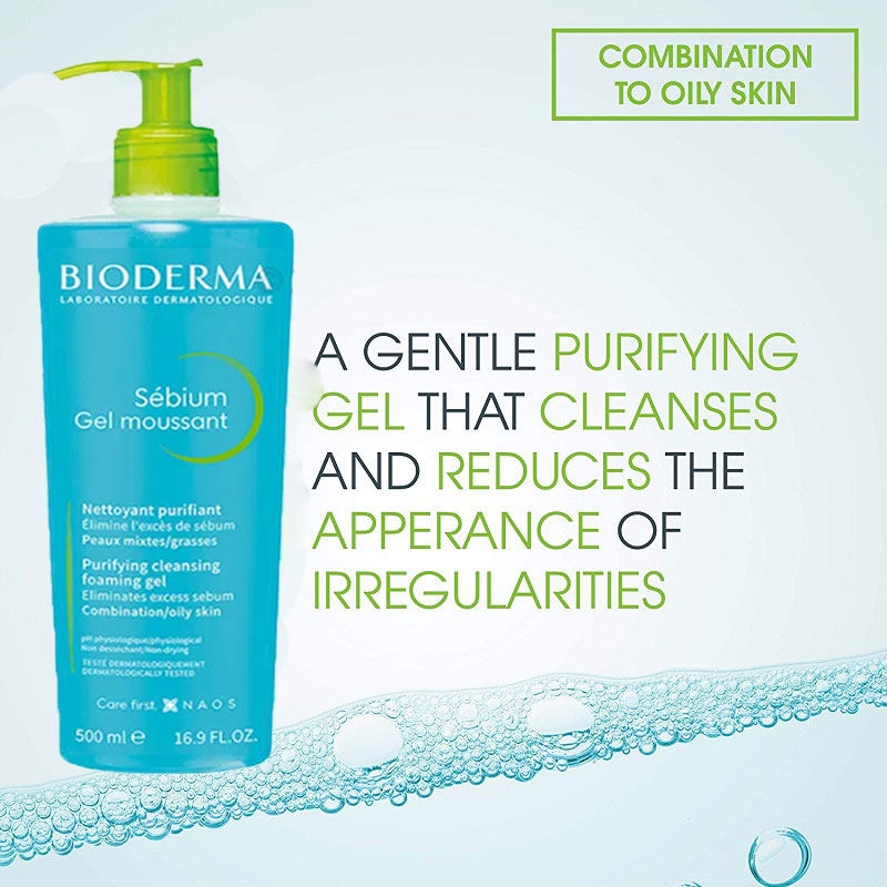 Bioderma Sebium Gel Moussant Purifying Cleansing Foaming Gel for Combination to Oil Skin 500ml