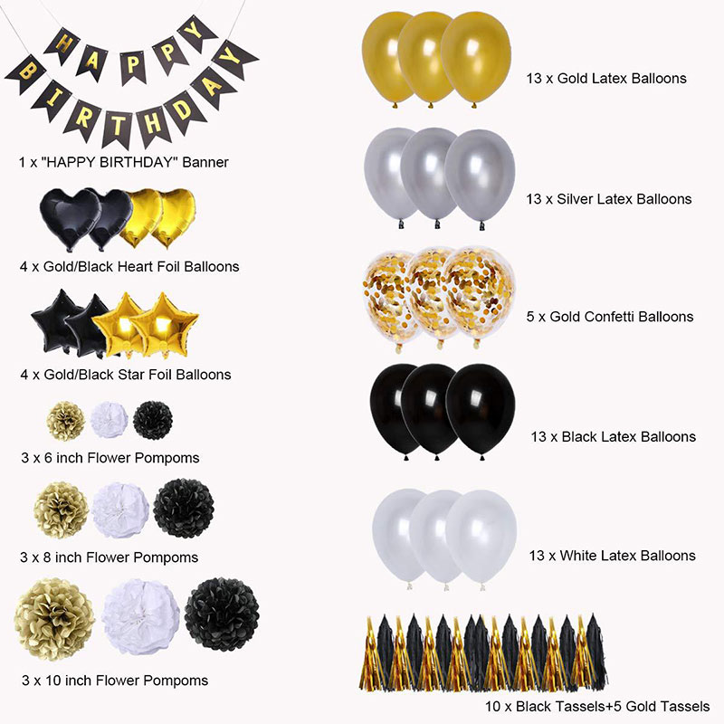 Black & Gold Birthday Balloon Horizontal Tassel Set - 99Pcs