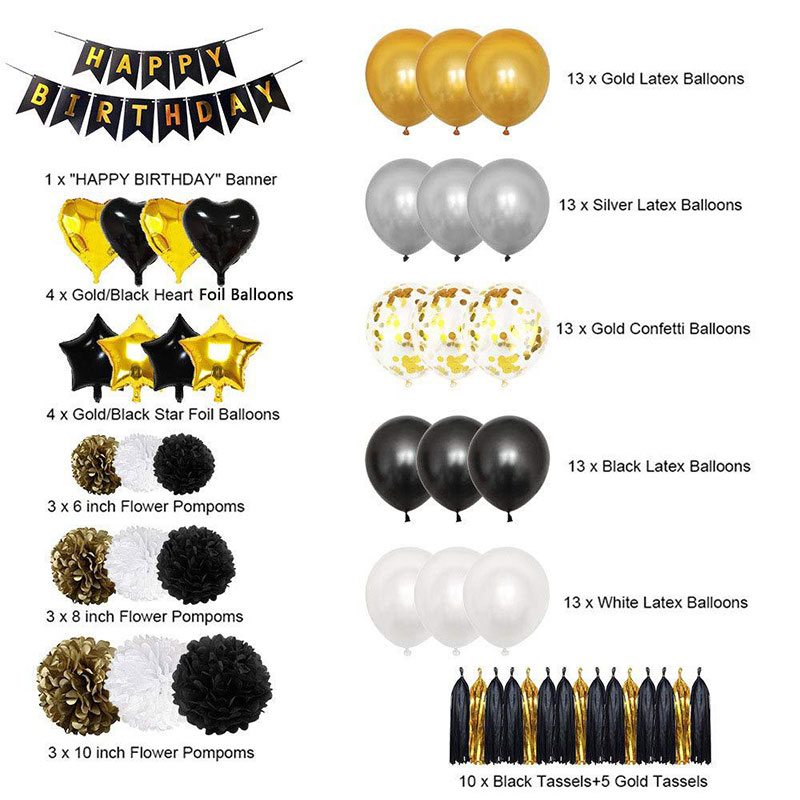 Black & Gold Birthday Balloon Horizontal Tassel Set - 99Pcs