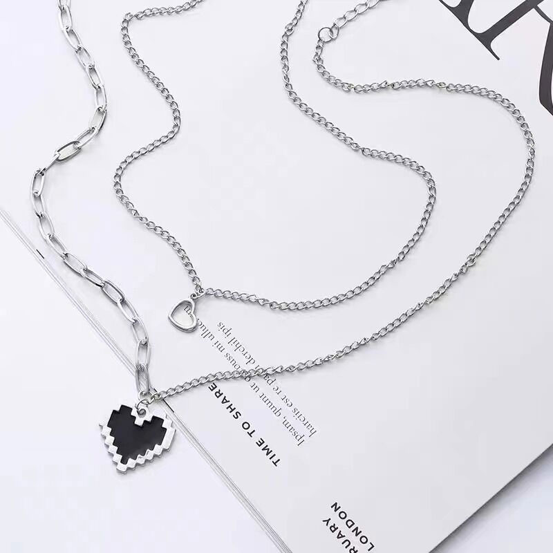 Black Peach Heart Double Layered Chain Necklace (301008)