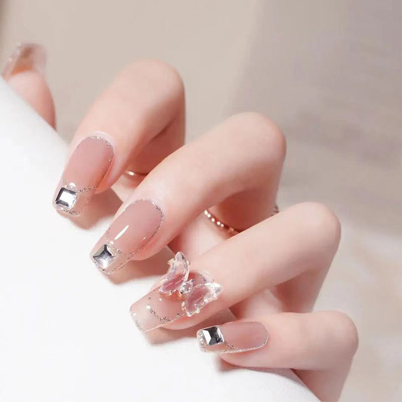 Butterfly Manicure Patch Fake Nail 24pcs - Diamond Crystal Gold
