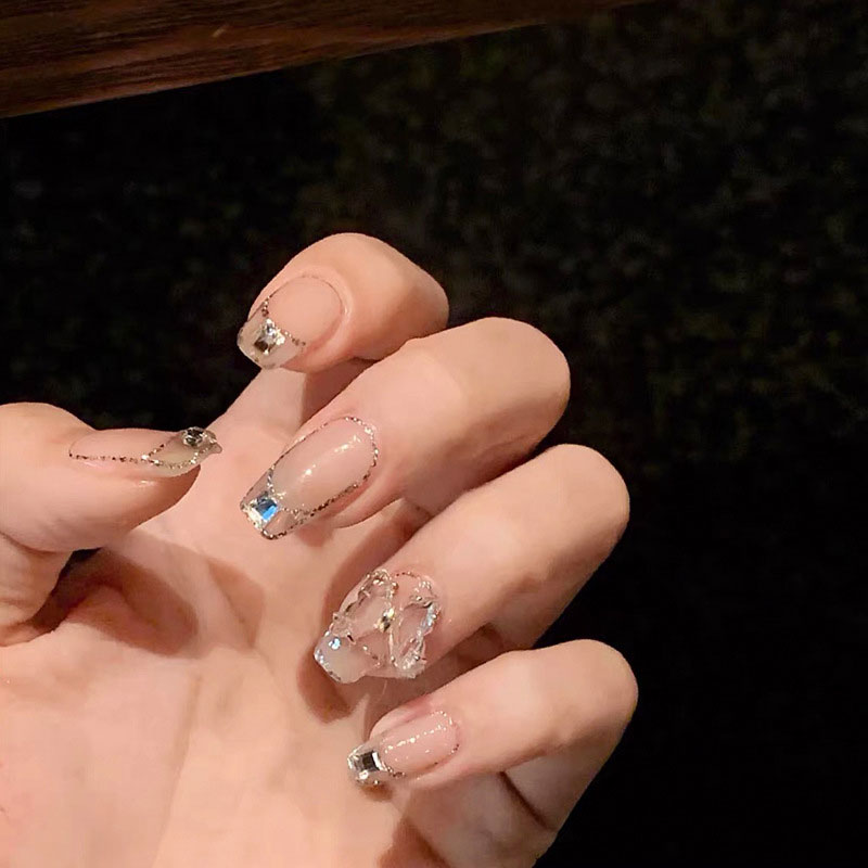 Butterfly Manicure Patch Fake Nail 24pcs - Diamond Crystal Gold