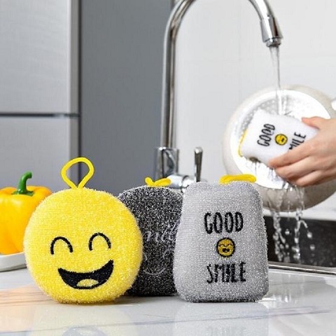 Cartoon Smiley Dishwashing Sponge Wipe Double-Sided Scouring Pad Set - 4 Pieces (20192)
