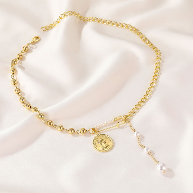 Creative Metal Paper Clip Pearl Collarbone Chain Necklace (34)