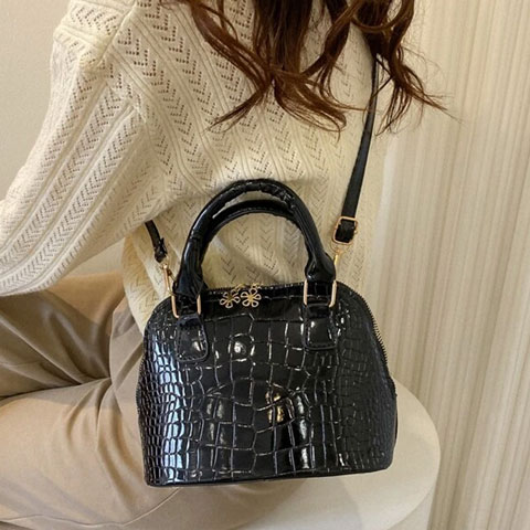 Crocodile Dome Double Handle Bag - Black