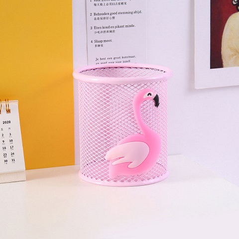 Cute Cartoon Heart Metal Hollow Grid Pen Holder - Flamingo (301146)