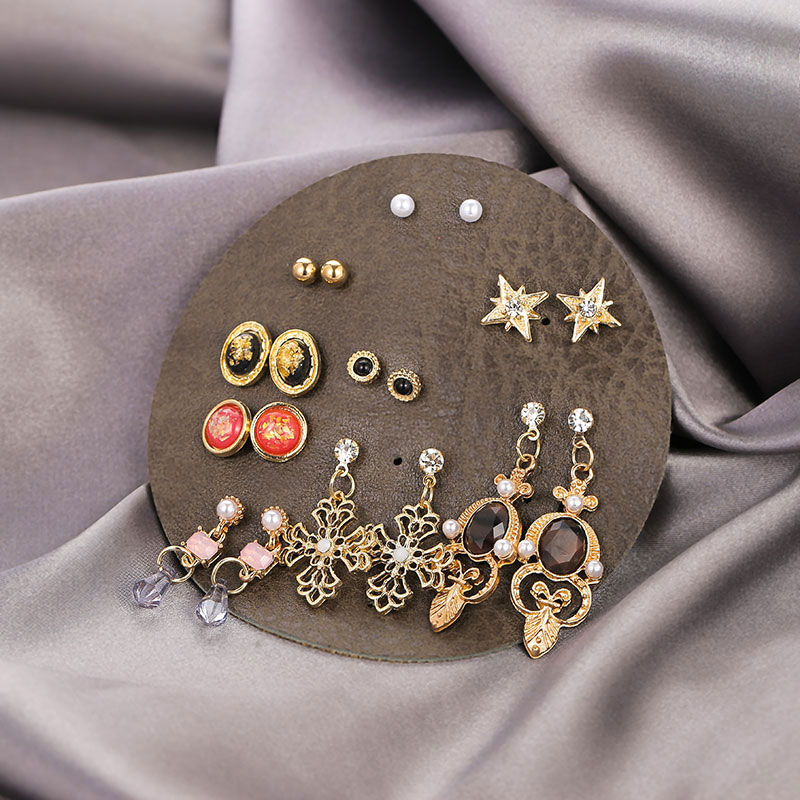 Cute Crystal Opal All-Match Earrings Set In Round Leather - 9 Pairs(62)