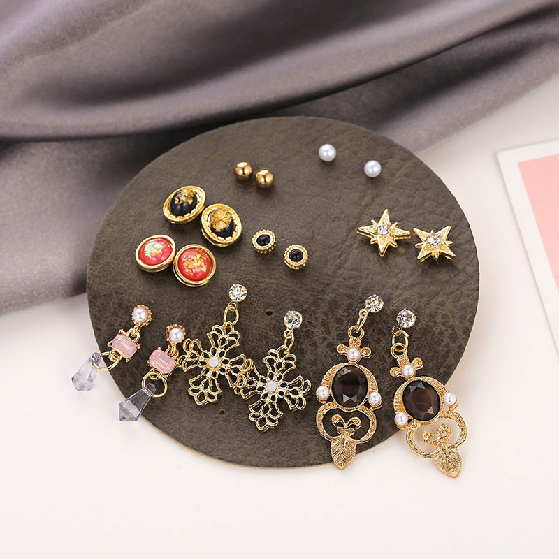 Cute Crystal Opal All-Match Earrings Set In Round Leather - 9 Pairs(62)