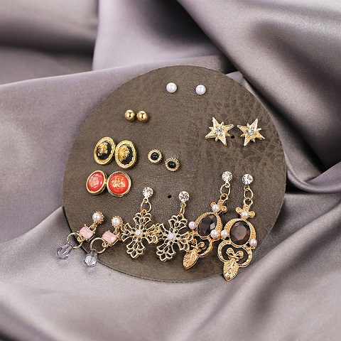 Cute Crystal Opal All-Match Earrings Set In Round Leather - 9 Pairs(62)