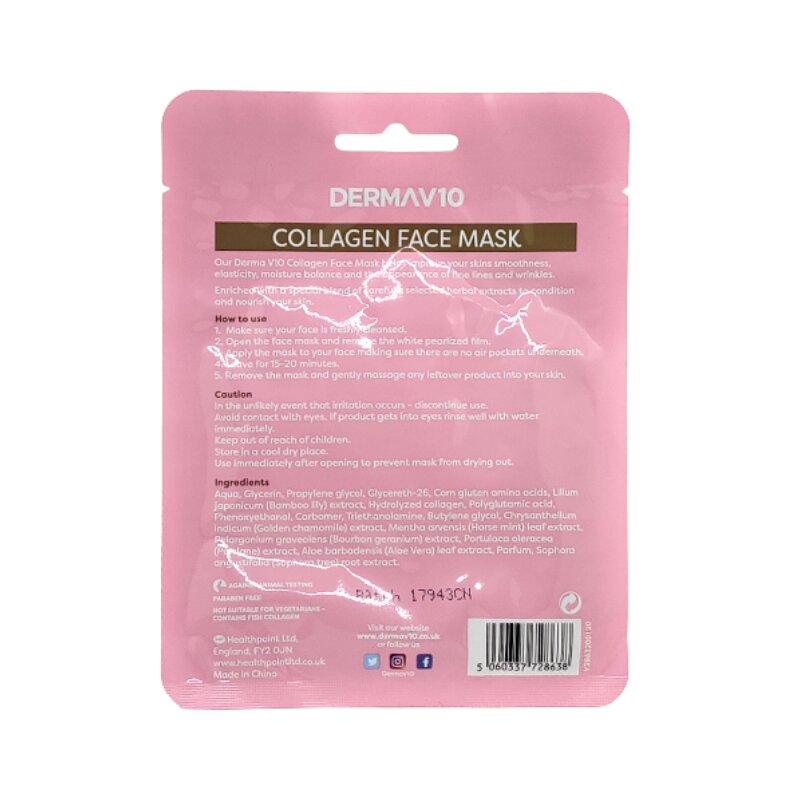 Derma V10 Anti Ageing Collagen Face Mask With Aloe Vera