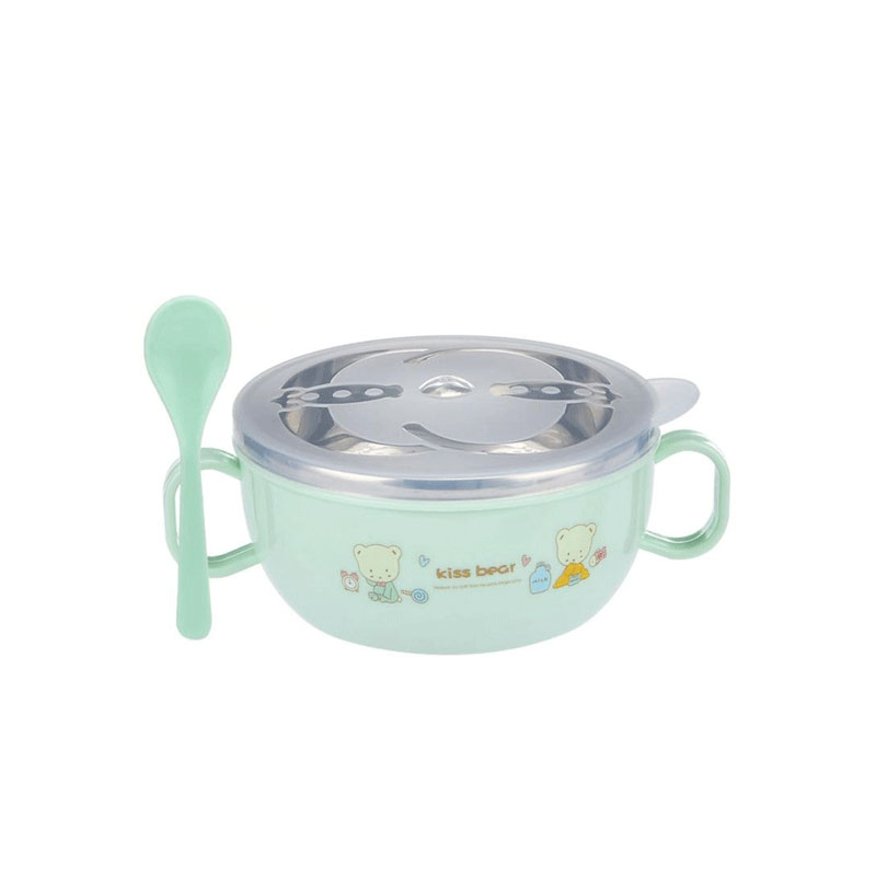 Double Ears Stainless Steel Bowl With Spoon - Green