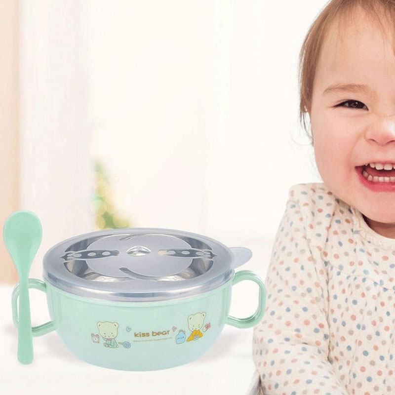 Double Ears Stainless Steel Bowl With Spoon - Green
