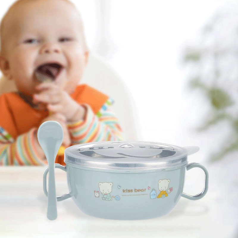 Double Ears Stainless Steel Bowl With Spoon - Light Blue