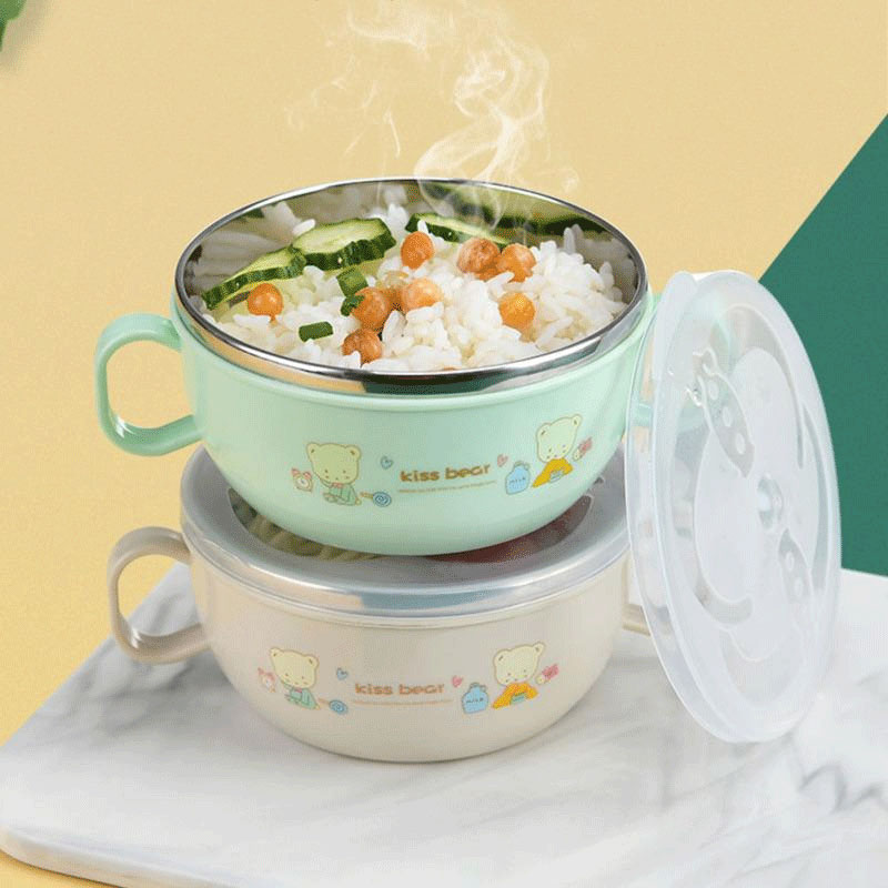 Double Ears Stainless Steel Bowl With Spoon - Light Blue