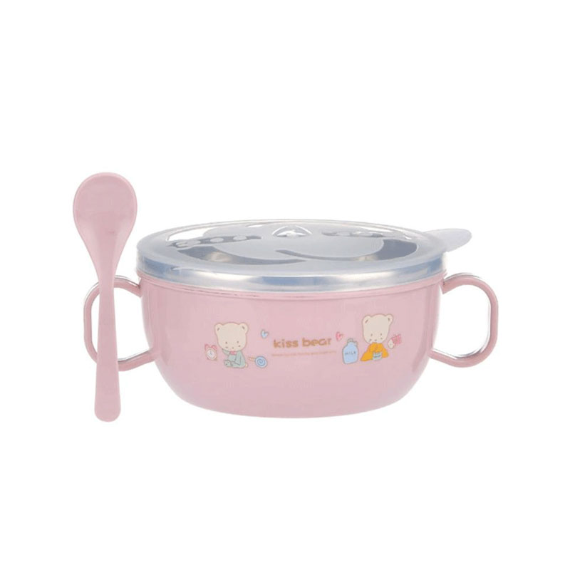 Double Ears Stainless Steel Bowl With Spoon - Pink