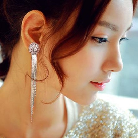 European and American Style Long Tassel Exaggerated Round Crystal Earrings