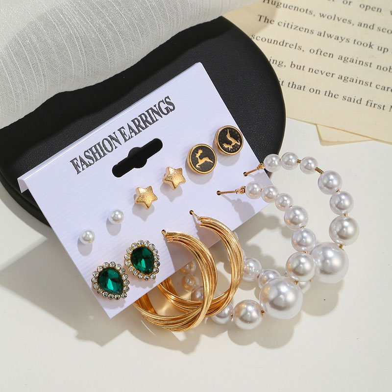 Fashionable Exaggerated Geometric Pearl Earrings Set - (52)