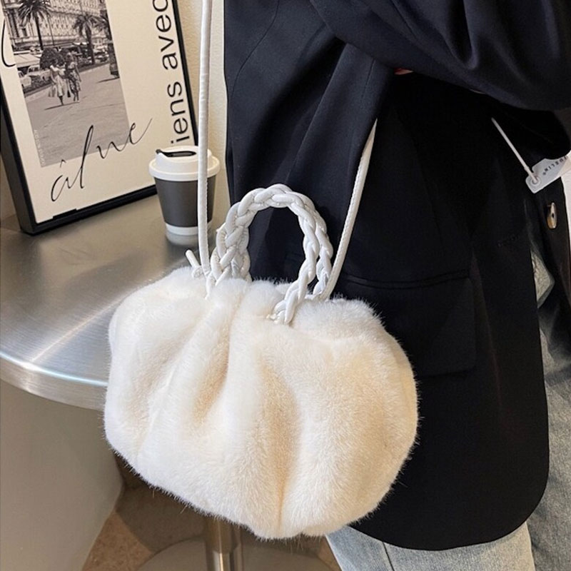 Fluffy Cozy Women PU Leather Handle Crossbody Bag