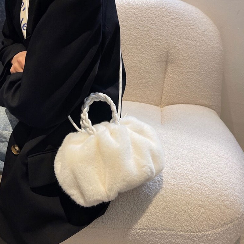 Fluffy Cozy Women PU Leather Handle Crossbody Bag