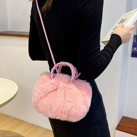 Fluffy Cozy Women PU Leather Handle Crossbody Bag