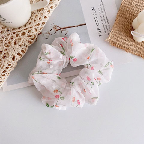 Fresh Floral Net Tie Hair Rubber Band - White