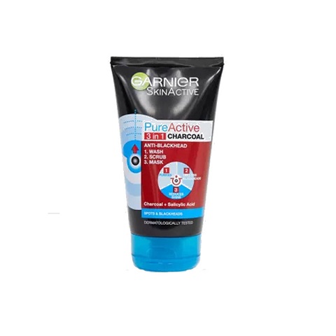 Garnier Pure Active 3 in 1 Charcoal Anti Blackhead Wash Scrub & Mask 150ml