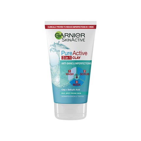 Garnier Skin Active Pure Active 3 In 1 Clay Mask Scrub Wash 150ml