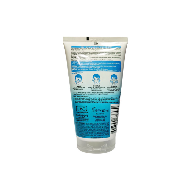 Garnier Skin Active Pure Active 3 In 1 Clay Mask Scrub Wash 150ml