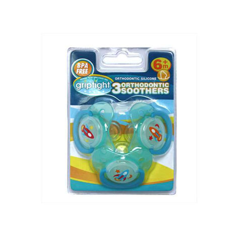 3 Decorated Orthodontic Soothers Dummies Pacifiers 6M+ Griptight Blue 