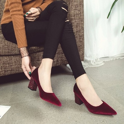 Women Classic Velvet Block High Heels