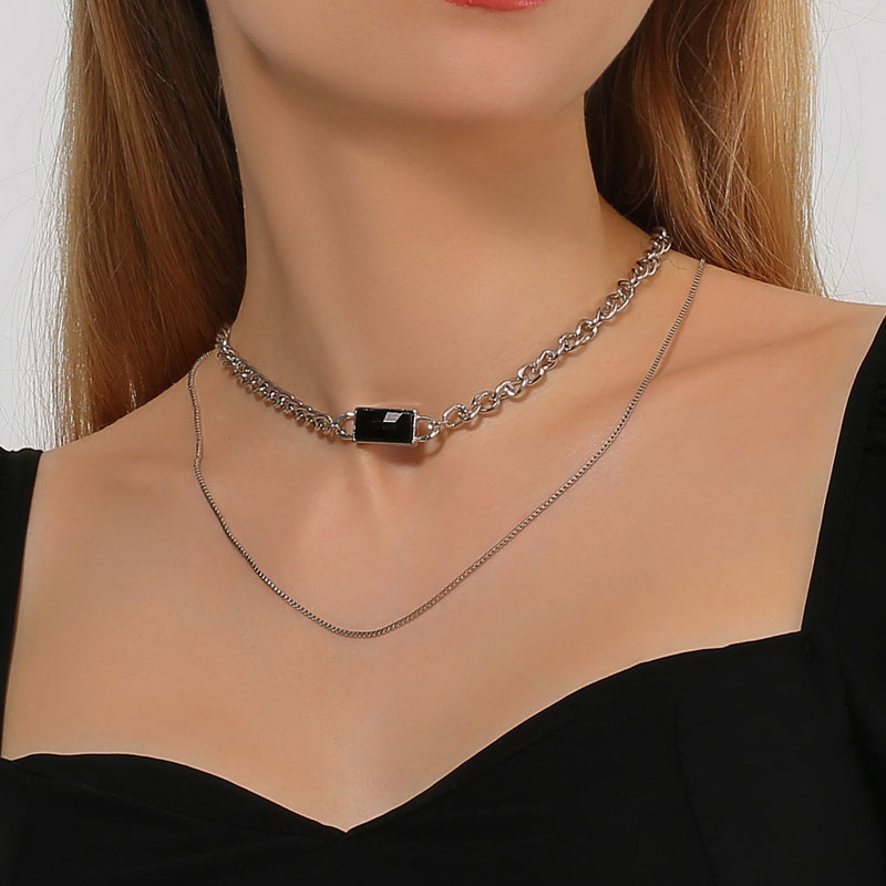 Korean Black Gemstone Stacking Chain Necklace (36)