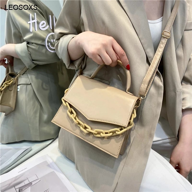 Ladies Simple Chain Decor Flap Satchel Bag (1001002)