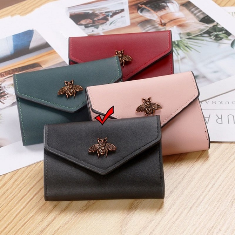 New Ladies Solid Color Leather Bee Short Wallet