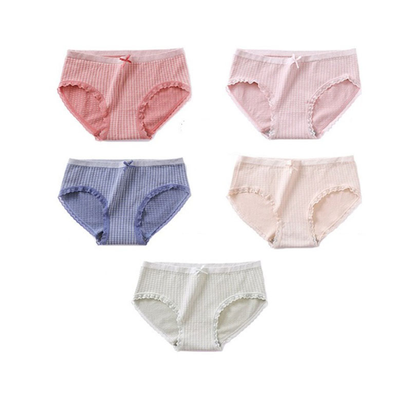 New Unprinted Bow Lace Plaid Underwear Set - 5pcs (40kg-60kg)