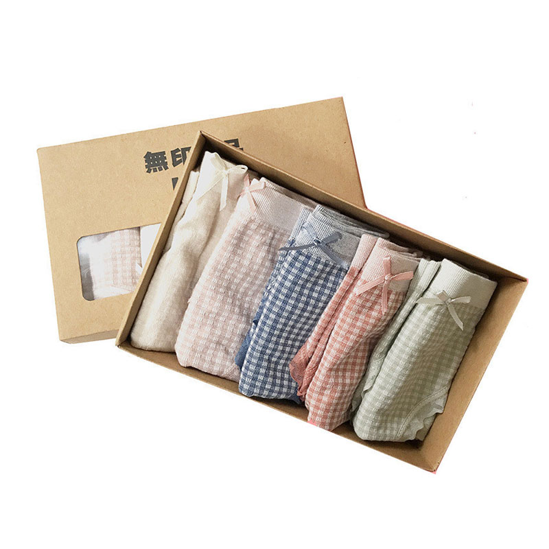New Unprinted Bow Lace Plaid Underwear Set - 5pcs (40kg-60kg)
