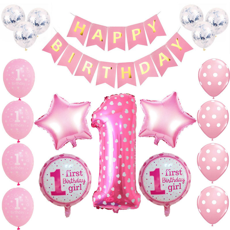 One Year Old Birthday Party Balloon Set - Pink Girl
