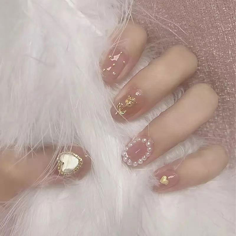 Pearl Girl Heart Manicure Finished Fake Nails 24pcs - Pink Rose