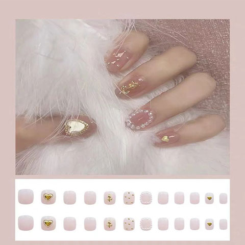 Pearl Girl Heart Manicure Finished Fake Nails 24pcs - Pink Rose