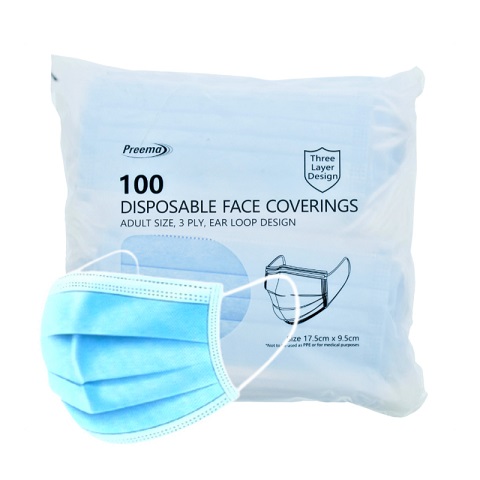Preema Disposable Three Layer Design Face Masks - 100 Pieces