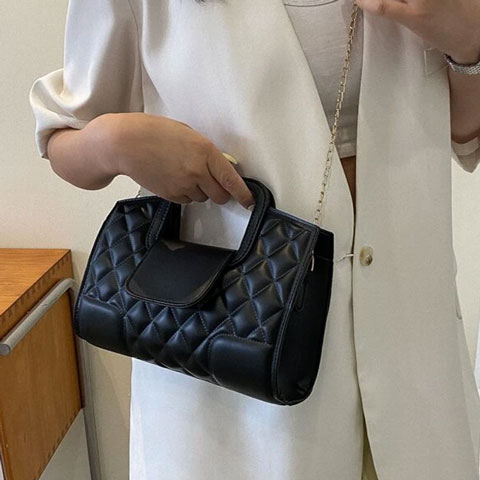 Quilted Snap Button Square Bag - Black