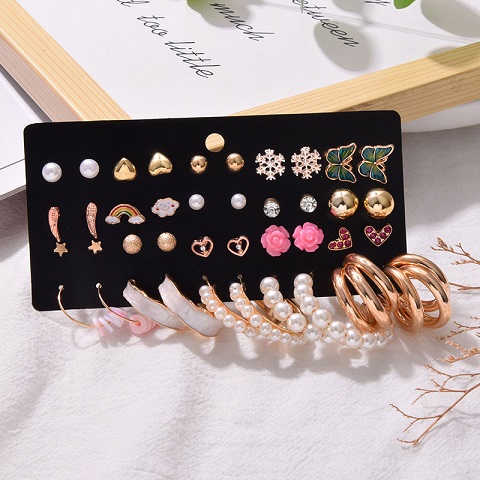 Retro Pop Geometric Pearl Love Earrings Set - 20 Pairs (56)