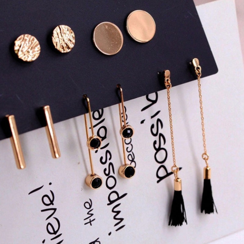 Round Piece Vertical Diamond Tassel Earrings - 5 Pairs (20128)