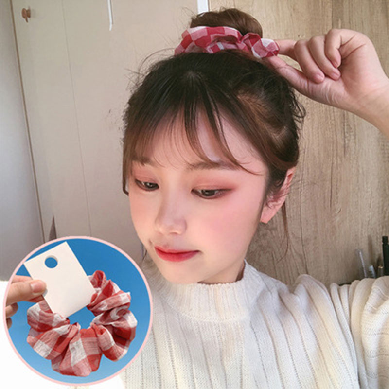 Simple Check Printed Rubber Tie Hair Band - White & Red