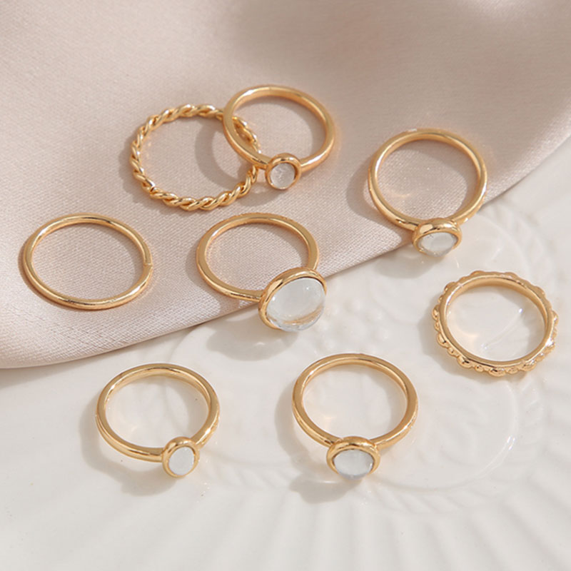 Simple Fashionable Retro Round Gemstone Finger Ring Set - 8pc (301032)
