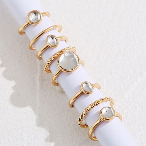 Simple Fashionable Retro Round Gemstone Finger Ring Set - 8pc (301032)