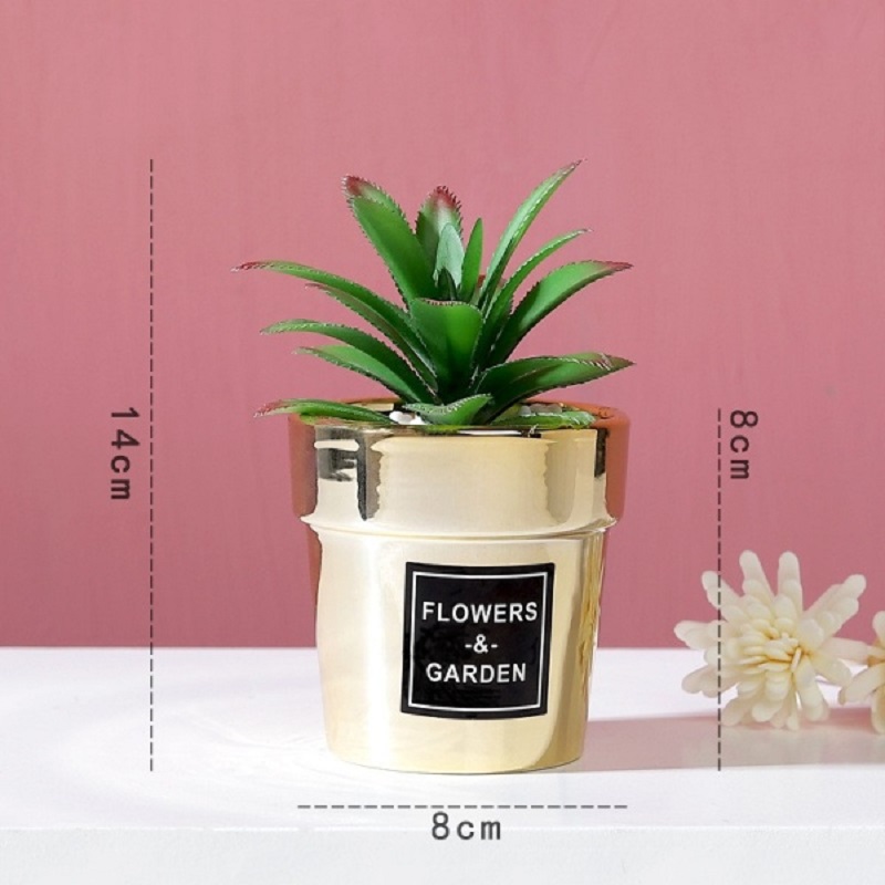 Small Nordic Gold-Plated Ceramic Home Decor Artificial Potted Cactus - Agave (20167)